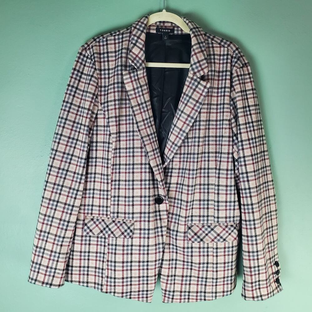 Torrid Womens Multi Color Plaid Studio Double Knit Blazer Size 2
